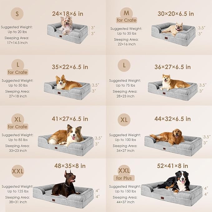 EHEYCIGA Orthopedic Dog Beds for Large Dogs, Waterproof Memory Foam Large Pet Bed with Sides, Non-Slip Bottom and Egg-Crate Foam Dog Couch Bed with Washable Removable Cover, Grey