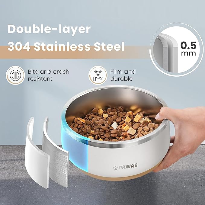 Pawaii Dog Bowl, 34 oz Stainless Steel Food and Water Bowl, ID Tag, 1 Pack | Double-Wall Design,Non-Slip Rubber Base,Dishwasher Safe,Smooth Open Design, Not a Slow Feeder,Easy-Rinse Interior