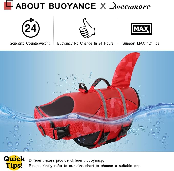 Shark Dog Life Jacket, LifeVests for Boating, High Buoyant Dog Life Vest for Swimming, Adjustable Easy On Pet Jackets for Small, Medium, Large Dogs (Red Triangle,XS)