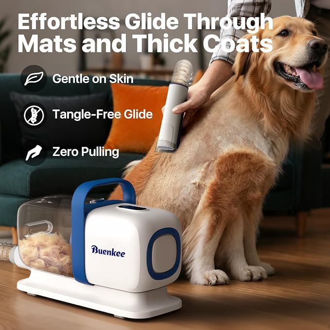 Buenkee Dog Grooming Vacuum Kit, 15000Pa Clipper, Shedding Brush, 2L, White | Brush, trim and deshed at home with less flying fur, mess-control suction and fewer emptying breaks during longer sessions