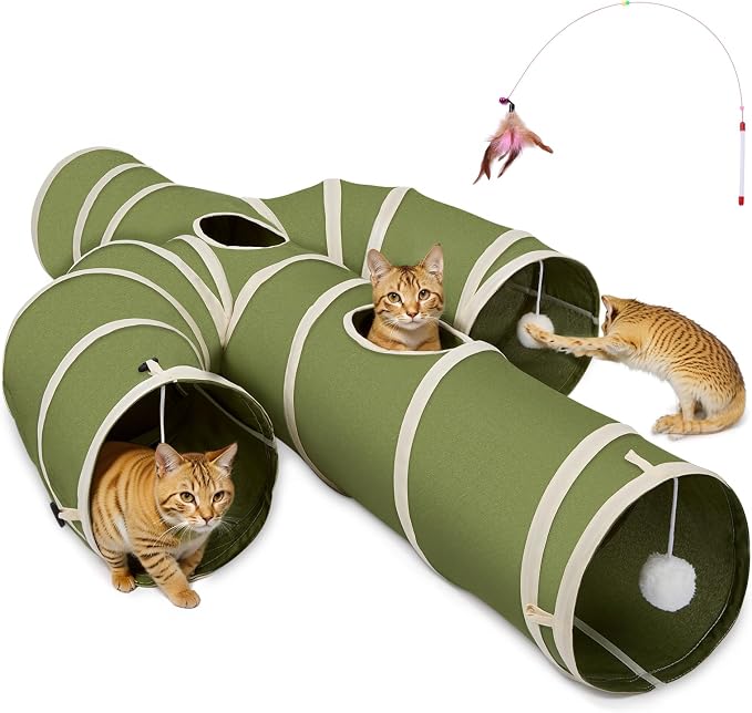 Ownpets Cactus Cat Tunnel 10" with Peek Holes for Indoor Large Cat, Green | Durable Oxford fabric, noise-free, foldable & connectable, multi-cat friendly, tube for cats up to 20lb, includes ball & wand