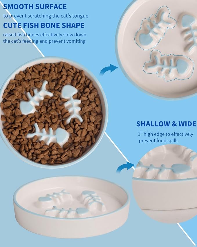 Ceramic Elevated Slow Feeder Cat Bowl, Anti Vomit, Removable Dish, White | Removable Ceramic Bowl Elevated Anti Vomit Whisker-Friendly Wet & Dry Food White Glazed Finish
