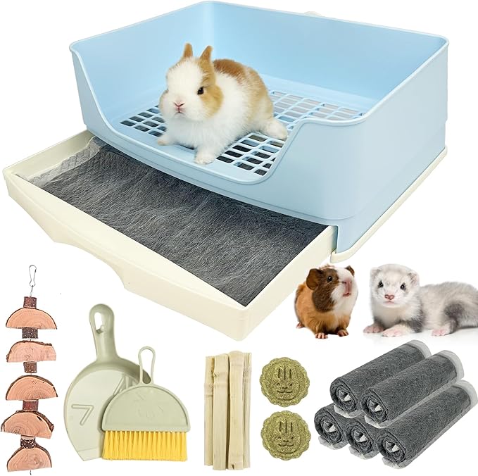 RUBYHOME Oversize Rabbit Litter Box with Drawer, Corner Toilet Box with Grate Potty Trainer, Bigger Pet Pan for Adult Guinea Pigs, Chinchilla, Ferret, Galesaur, Small Animals, 16.9 inch Long (Blue)