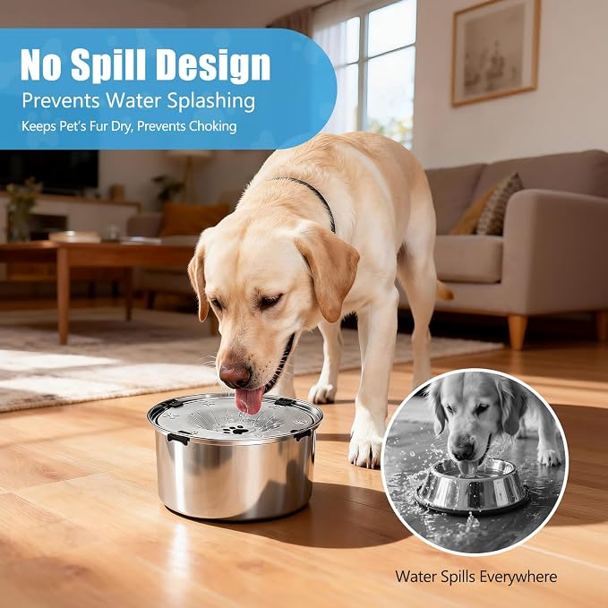 SCHITEC No Spill Dog Water Bowl for Large Dogs, 5.6L / 1.5 Gallon Stainless Steel Splash-Proof Slow Drinking Pet Dish with Floating Disk & Non-Slip Base, Mess-Free Design for Home or Travel-Light Gray