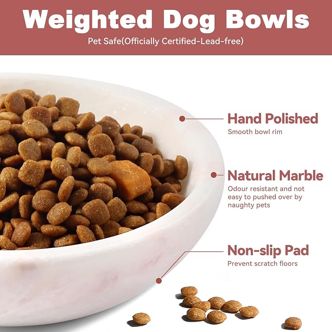 Natural Marble Cat Bowl, Weighted 1.5lb Cat Food Bowl for Cat and Small Dog, Small Animal Pet Food Dish Non-Slip, Shallow Cats Dish for Whisker Fatigue Relief, Premium Pink Stone for Home Decor