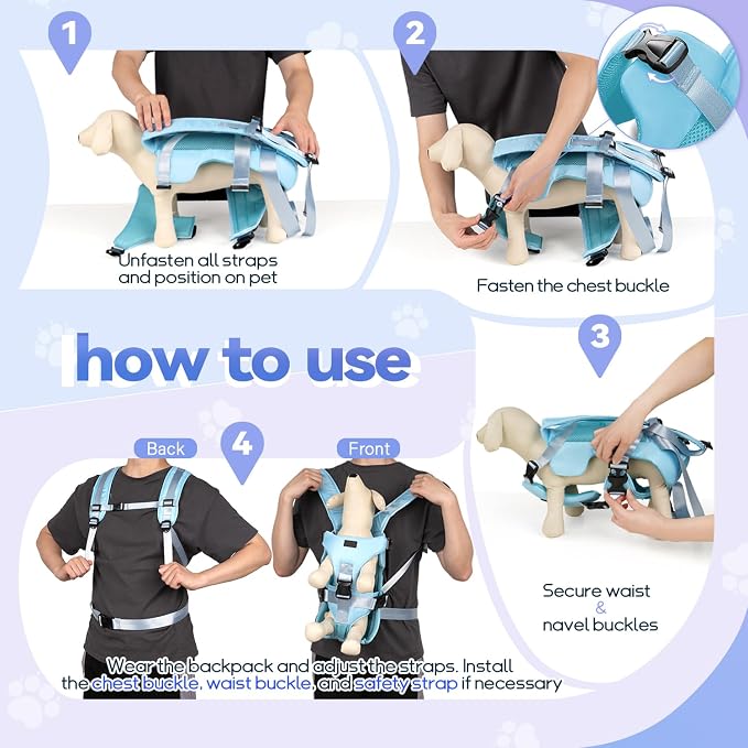 YUDODO Front Pet Carrier Backpack for Small Dog, Legs Out Dog Chest Carrier | Safety Belt, Ergonomic Support, Hands Free, Durable & Comfortable, For Walking Hiking Cycling, Blue, M