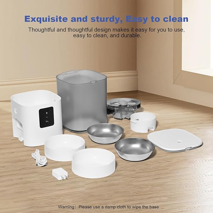 2.4G/5G Automatic Cat Feeder, 6L WiFi Cat Food Dispenser with 10s Voice Recorder, Double Bowl Pet Feeder up to 10 Meals per Day, Timed Feeder with Dry Food Sealed Ring (White)