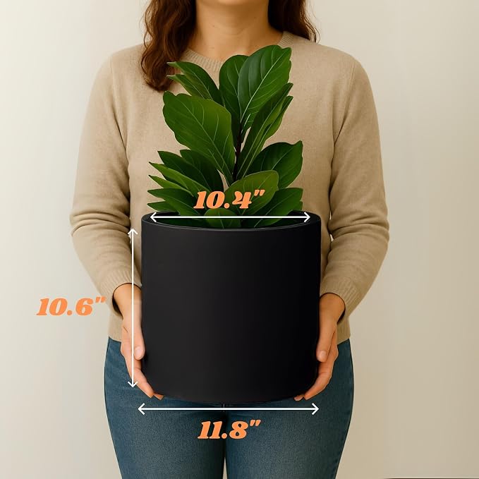 Fox & Fern Large Indoor Planter, Modern Large Plant Pot for Indoor or Outdoor, UV and Frost Resistant - 12 Inch, Matte Black Flower Pot with Drainage Plug, Lightweight