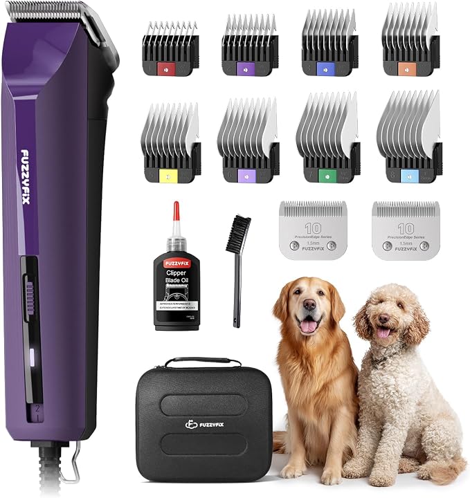 AmpFix Professional Dog/Pet Grooming Clippers 2-Speed Heavy-Duty | 2 Detachable Blade 8 Metal Combs, 10ft Cord, Runs Cool & Quiet, Anti-Slip Shatter-Proof Housing for All Animal Coats