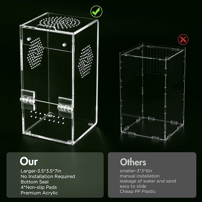Pre-Assembled Jumping Spider Enclosure, Acrylic Terrarium with Magnetic Door & All-Side Ventilation, Habitat for Spiderling, Mantis, Tarantula, Snail, 3.5"×3.5"×7" (Tweezer & Temp Sticker Included)