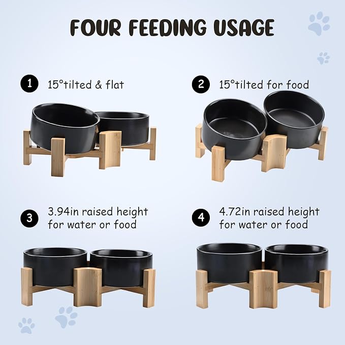 SPUNKYJUNKY 15° Slanted Ceramic Dog and Cat Bowl with Wooden Stand, Tilted Bulldog Food and Water Bowl No Slip Non-Spill for Cats Medium Dogs Big Face Pets 28.7 OZ (3.6 Cups, Black × 2)