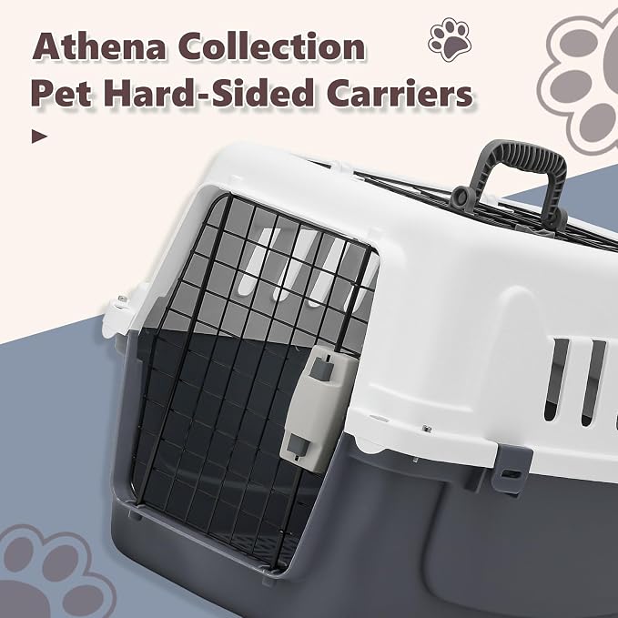 Athena Collection 22" Hard-Sided Travel Pet Carrier for Small Dogs and Cats | Plastic Dog Crate with 2-Door Top & Front Load, Ventilation, Security Lock, Cat Dog Carrier for Pet, up to 22lbs, Grey