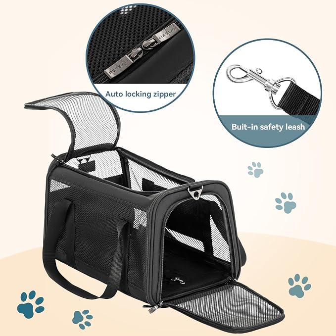 PETSFIT Soft-Sided Cat Carrier, Airline Approved | For Travel, 3 Carrying Ways, Lightweight and Ventilation on 5 Sides, Escape Proof, With Soft Fleece Pad