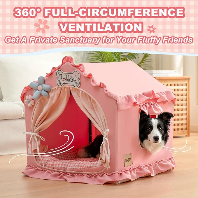 Indoor Dog House with Frame, Cute Dog Tent Bed with Cover Cave | Breathable, Washable, and Foldable House, Suitable for 36-66 Lb, Large (29"×29"×29"), Pink