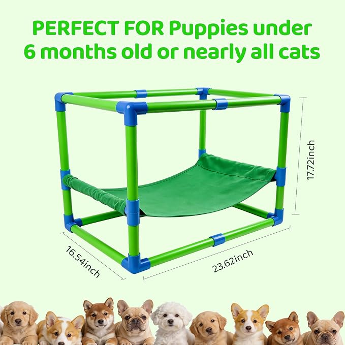 Puppy Play Gym with Hammock 8 Hanging Toys, Dog Jungle Gym Indoor Pets Cats Toys, Teething Chew Toys Puppy Gym Activities Center for Cats Adjustable Playground for Small Dogs at Home PVC Frame