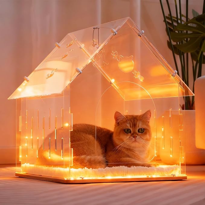 Acrylic Cat House for Indoor Cats, Transparent Cat Bed Cave with Plush Cushion & Hanging Toys, Modern Ventilated Cat Condo with Sturdy Wooden Base for Adult Cats & Kittens up to 15 lbs, White