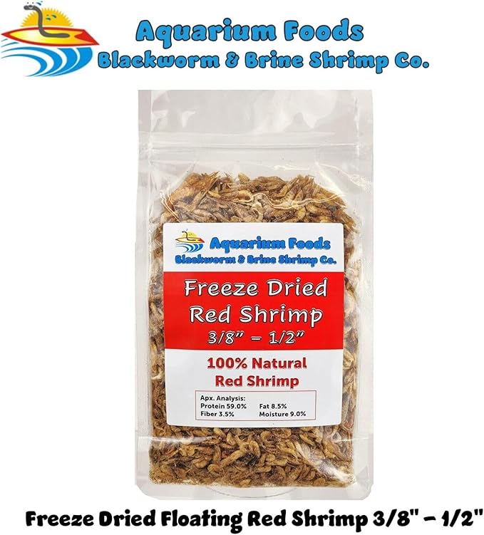 Aquatic Foods Inc. Red Shrimp, 3/8" to 1/2" Floating Freeze Dried Red Shrimp for All Tropical Fish, Cichlids, Medium Size Catfish, Marines, Pond Fish, Turtles, Hamsters, Reptiles…7.3oz Clear Bag
