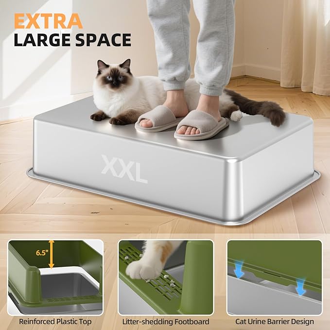 WoofiGo Enclosed Stainless Steel Cat Litter Box with Lid, XL Extra Large Litter Box for Big Cats, Metal Litter Pan High Sided, Never Absorbs Odors, Anti-Urine Leakage, Include Scoop (65-Green)