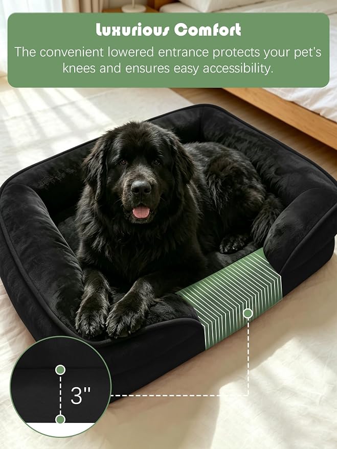 Spotted Play Orthopedic Dog Bed with Sides - Sofa Beds for Extra Large Dogs, Supportive Foam Pet Couch Bed with Washable Removable Cover, Waterproof Lining and Non-Slip Bottom, Black - XXL