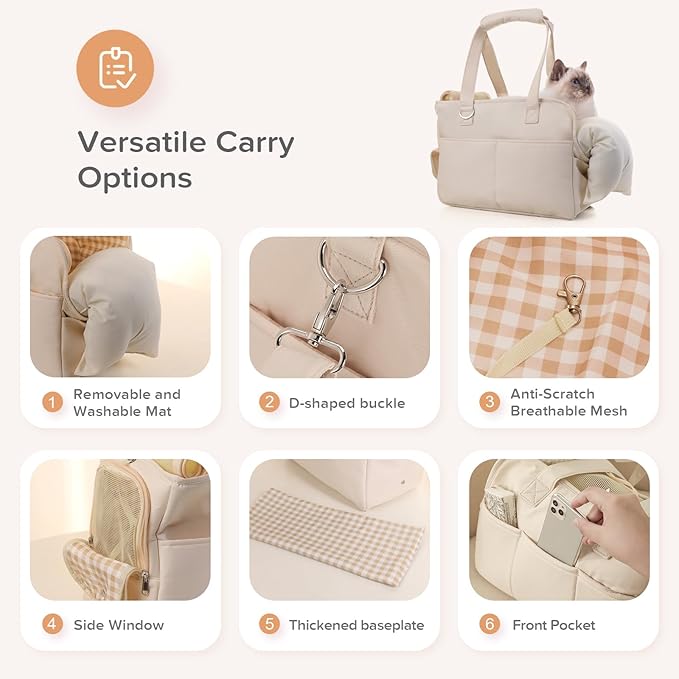 JourCraf Dog Purse Carrier for Small Dogs & Puppies Up 10 Lbs, Soft Cotton Tote Pet Shoulder Bag with Pockets, Foldable & Washable Breathable Puppy Carrier for Yorkie, Chihuahua & Cats - Beige