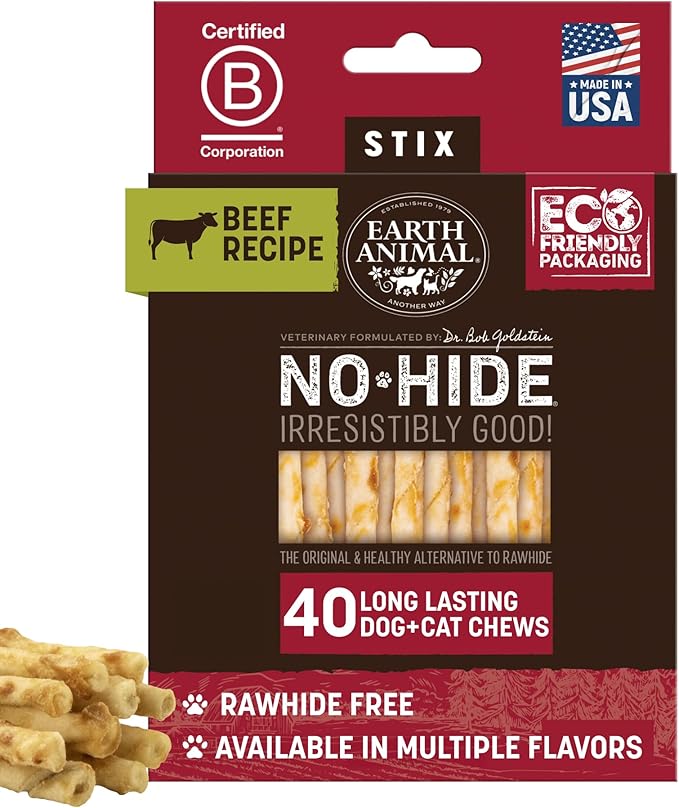 Earth Animal No Hide Stix - Rawhide Free Dog Chews Sticks 40 Count Beef | Small Sticks Beef Flavored Natural Rawhide Free Long Lasting Dog Chews - Treats for Small Dogs and Cats