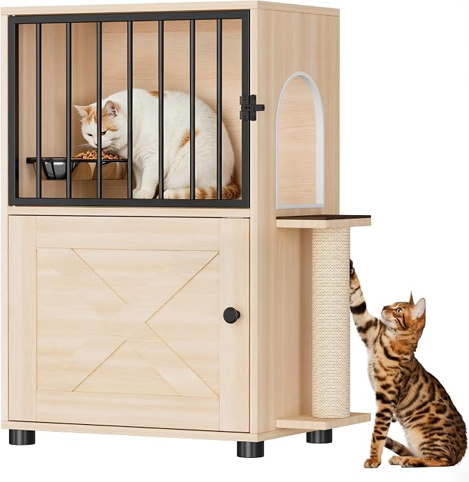 Dog Proof Cat Feeding Station, Dog Proof Cat Feeder, Cat Food Table,Nature | Cat Feeding Station with Scratching Post, Elevated Cat Food Bowls with Stand, Pet Food Storage Cabinet, Cat House Furniture