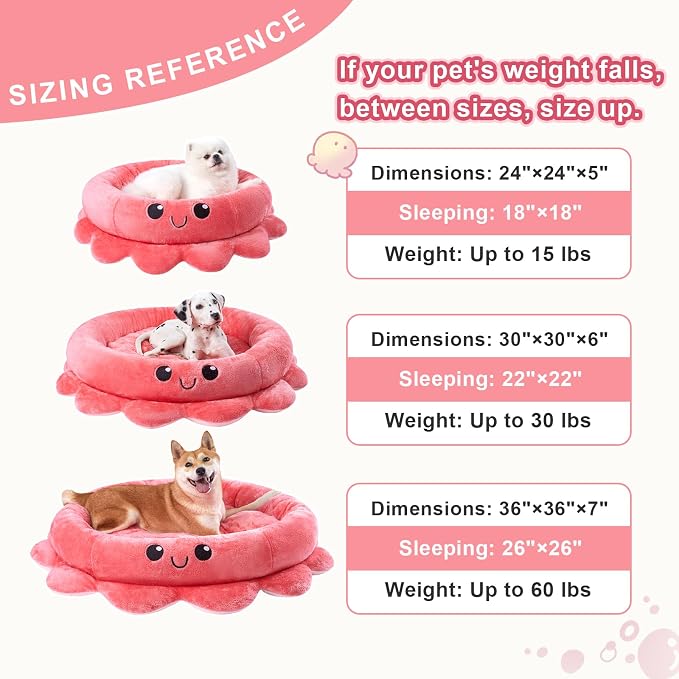 Cute Calming Dog Beds Clearance for Large Dogs, Anxiety Bolster Dog Bed with Octopus Shape, Pink, Red, Boho, Round Pet Bed Cat with Removable Cushion