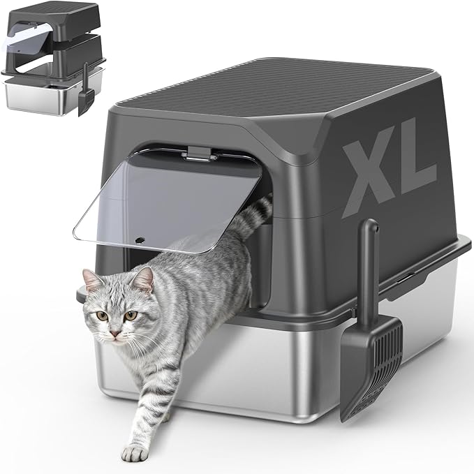 WoofiGo Enclosed Stainless Steel Cat Litter Box with Lid, XL Extra Large Litter Box for Big Cats, Metal Litter Pan High Sided, Never Absorbs Odors, Anti-Urine Leakage, Include Scoop (Dark Grey)