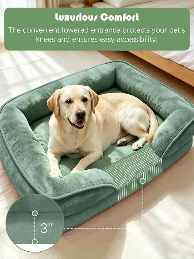 Spotted Play Orthopedic Dog Bed with Sides - Sofa Beds for Extra Large Dogs, Supportive Foam Pet Couch Bed with Washable Removable Cover, Waterproof Lining and Non-Slip Bottom, Green - XL