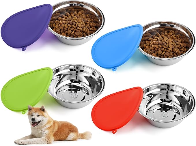 Patelai 8 Pcs Stainless Steel Dog Bowls 7.9" with Silicone Lids Portable Food and Water Dishes for Pets Sealable Containers for Small Medium Dog Cat Indoor (Red,Purple,Green,Blue)