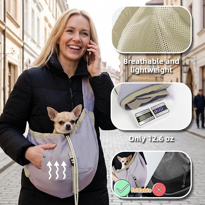 Dog Carrier Sling, Dog Carriers for Small Dogs Up to 20lbs, Purple | Puppy Sling, Cross Body Carrying Bag, Soft Front Pouch, Adjustable Shoulder Strap, Breathable Mesh Pet Backpack for Hiking