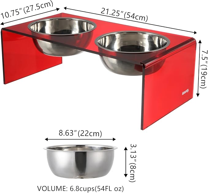 DBL2001H Keaton 7.5" Medium/Large Modern Acrylic Rectangular Elevated Pet Feeder with 54oz 2-Stainless Steel Bowls, Red/Chrome