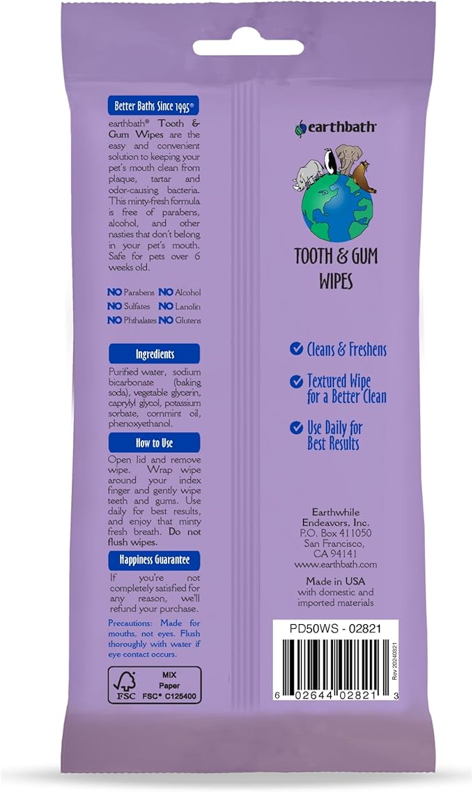 earthbath Tooth & Gum Wipes - Peppermint Dog Teeth Cleaning Wipes, No Brush Pet Dental Finger Swab for Dog and Cat Teeth Cleaning, Made in USA - Baking Soda & Cornmint, 50 Count