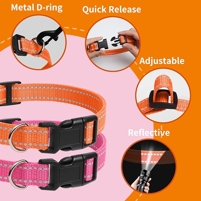 PaiPaitek Shock Collar Replacement Strap, 3/4 Inch, 2-Pack, Reflective Adjustable Dog Collar, Orange & Pink, 8-27 Inch Neck Size