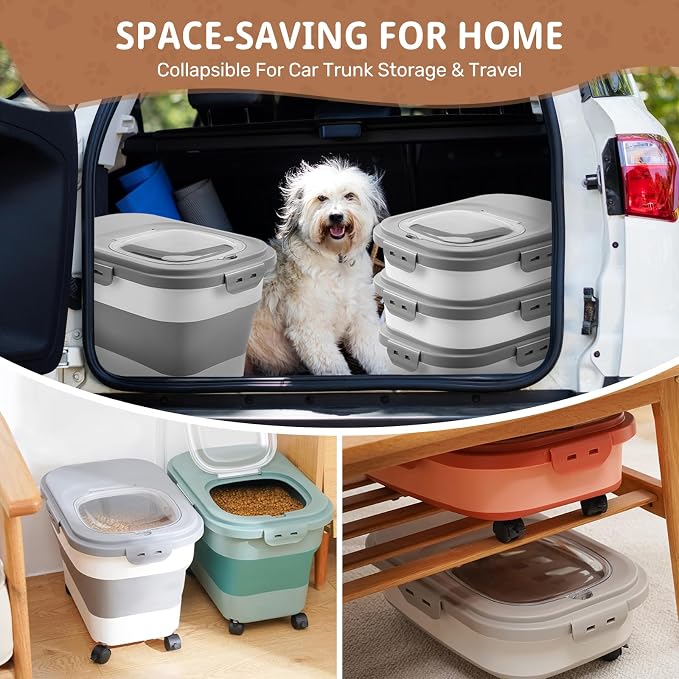SEWIU Dog Food Storage Container Up to 2pack*20LB,Collapsible Dog Food Container with Travel Silicone Bowl and Scoop for Dog/Cat/Bird Food/Cat litter,Keep Dry Food Fresh,Easy to Move.
