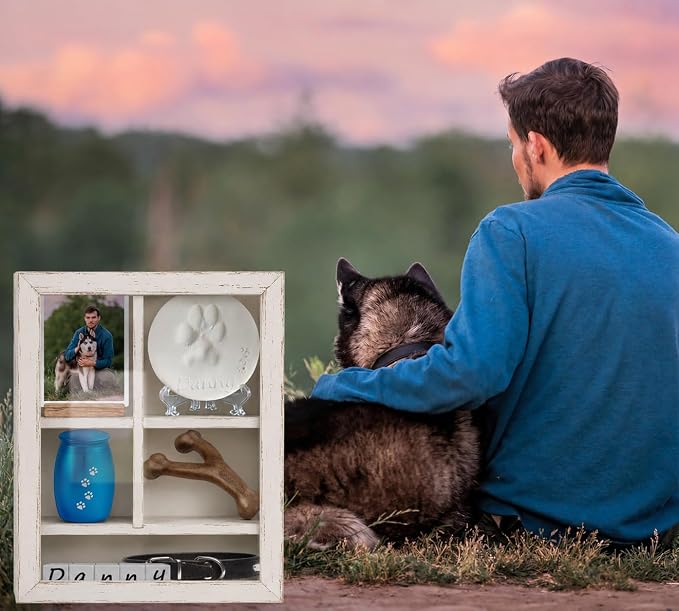 12x16 Inch Solid Wood Pet Memorial Shadow Box Frame with Shelves | Large Deep Display Case Memory Box for Dog & Cat Paw Print Urn Keepsake , Pet Remembrance Sympathy Gift - Distressed White