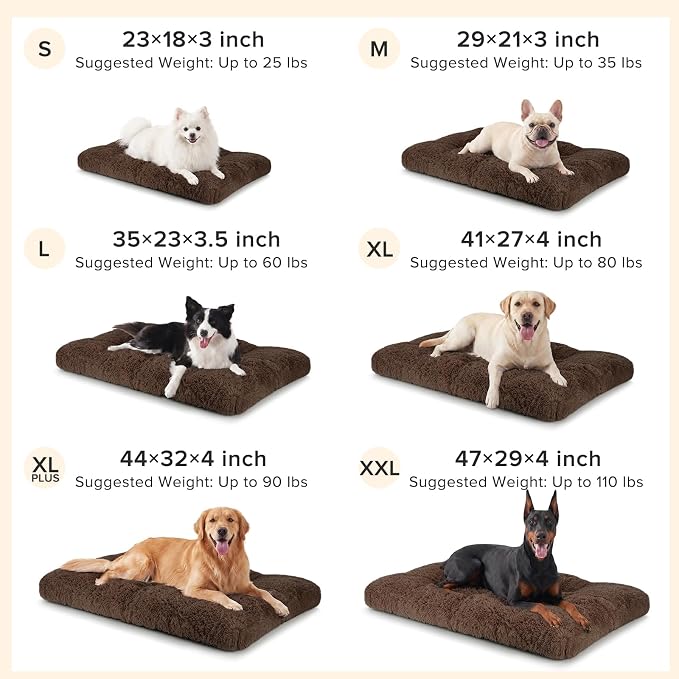 JOEJOY Dog Bed Crate Pad, Deluxe Plush Washable Dog Beds Fulffy Soft Kennel Pad Anti-Slip Pet Sleeping Mat for Medium Small Dogs, 29" x 21", Brown