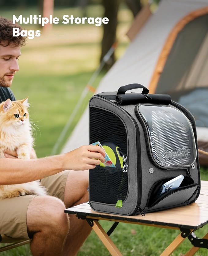 Pecute Cat Backpack Carrier,Large Space Dog Backpack,Ergonomic,Gray | Sunshade Curtain,Transparent Window,Safety Rope,Sturdy,Large Mesh on Both Sides for Breathability,Suitable for Outdoor,Vet
