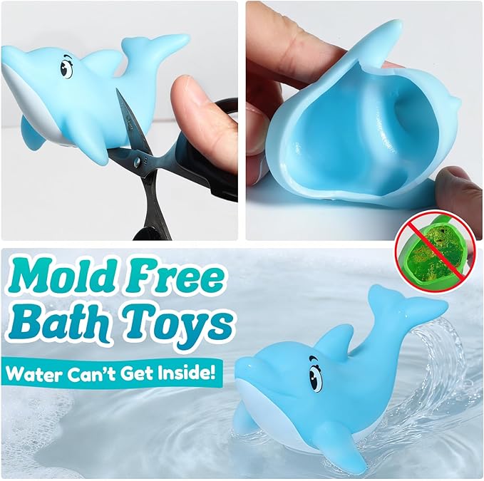 Mold Free Bath Toys - 6 Pcs Ocean Baby Bath Toys for Kids Ages 1-3, No Hole Design Keeps Moisture Out, Toddlers Learn Sea Animals with Bathtub Soft Squeeze Toys, Pool Toy