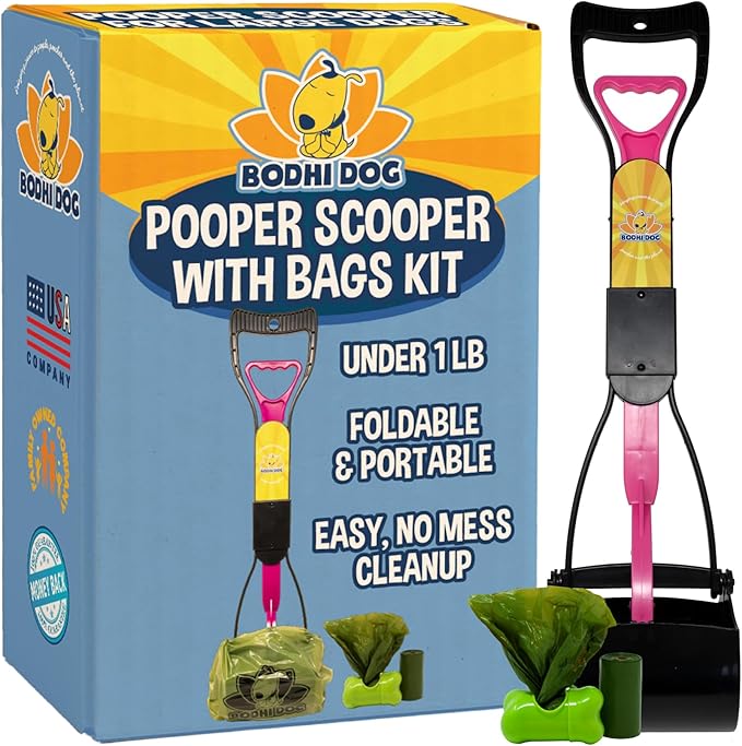 Bodhi Dog Complete Poo Pack- 24" Pooper Scooper, Poop Bags, & Waste Bag Holder, Ideal for Small to XL Pets - Durable, Easy-to-Use, Great for Grass, Gravel, & Outdoor Cleanups (Pink)