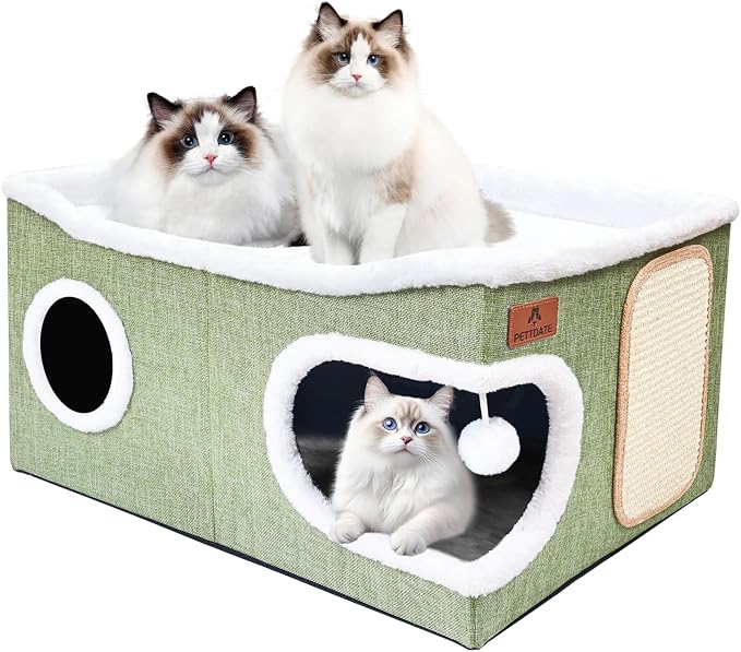 Extra Large Cat Beds for Indoor Cats, Covered Cat Cave Beds & Furniture with Scratch Pad and Fluffy Ball, Foldable Condo Hideaway with Reversible Cushion for Multi Small Pet Large Kittens, Green