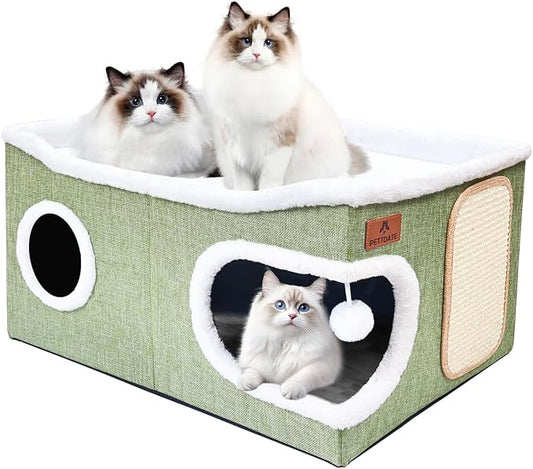 Extra Large Cat Beds for Indoor Cats, Covered Cat Cave Beds & Furniture with Scratch Pad and Fluffy Ball, Foldable Condo Hideaway with Reversible Cushion for Multi Small Pet Large Kittens, Green