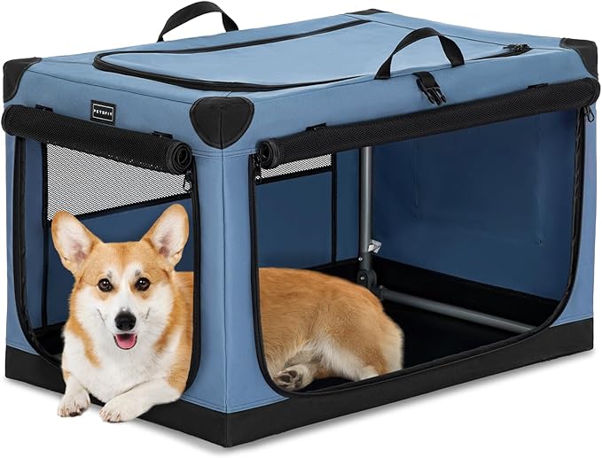 PETSFIT 30" Soft Portable Dog Crate – Patented Spiral Sturdy Frame, Collapsible Travel Kennel for Medium Dogs, 3 Mesh Door, Lockable Zippers, Indoor & Car Use Blue