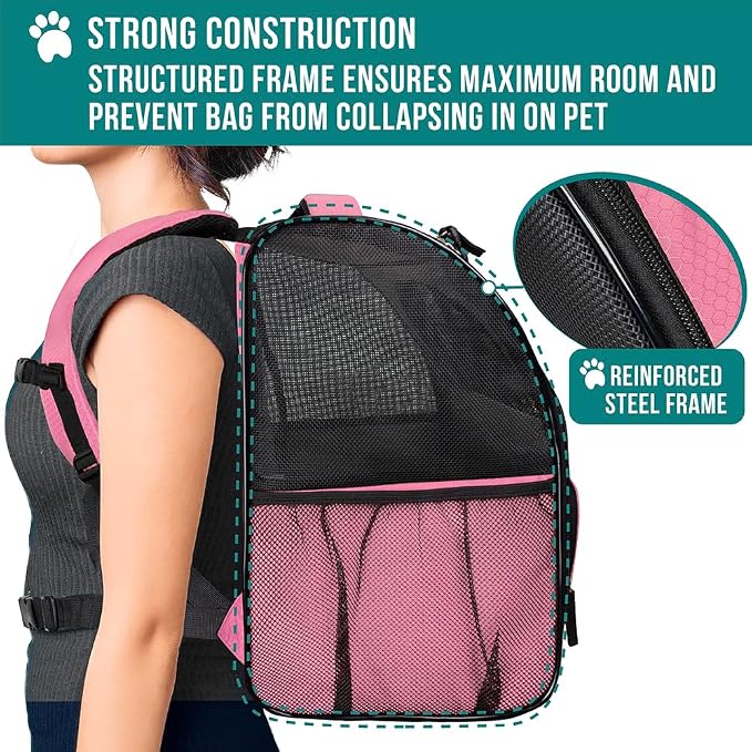 PetAmi Dog Backpack Carrier for Small Medium Dogs Large Cats up to 18 lbs, 2 Side Entry, Structured No-Collapse Frame, Airline Approved Ventilated Pet Backpack for Hiking Camping Travel Vet, Pink