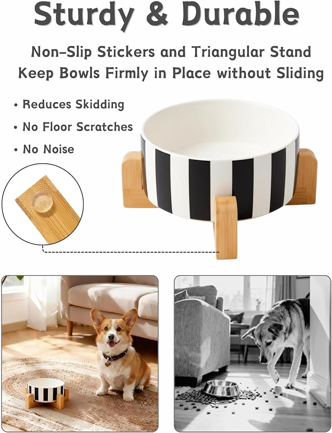 TRUVIC Ceramic Dog Bowl with Wood Stand, Black and White Striped Dog Food and Water Bowl, 2 Cup/14 oz Elevated Puppy Food Bowl for Medium Dogs, Dishwasher Safe, Modern Geometric, Striped