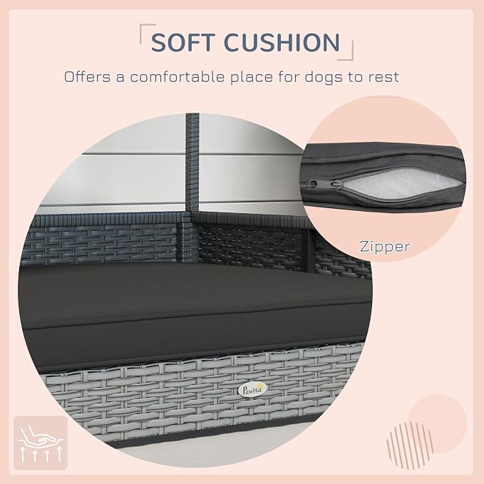 PawHut Wicker Dog House Outdoor, Silver Wicker, Gray Cushion | Rattan Dog Bed, Canopy, Water-resistant Cushion, Raised Pet Bed for Small, Medium Breeds up to 66 lbs, 20" in Length