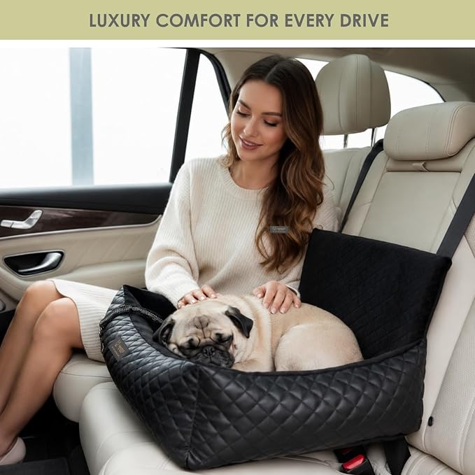 NANDOG Luxury Dog Car Seat Bed for Medium Dogs, Vegan Leather Pet Seat with Removable & Washable Cushion Insert, Thick Safety Seatbelt Straps, Secure Travel Carrier, Black, 22" L x 18" W