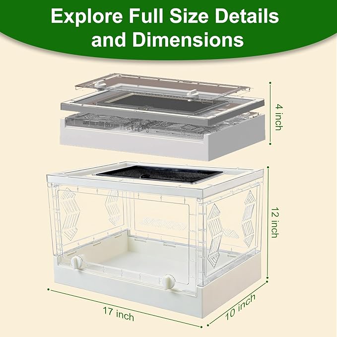 Folding Reptile Terrarium 17" × 12" × 10" – Portable Clear Habitat Tank with Front Opening Door & Ventilation, Easy Assembly for Geckos, Lizards, Snakes, Turtles, Spiders & Amphibians