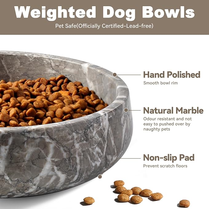 Karibiber Marble Dog Bowl, 6lbs Weighted Dog Food Bowl, Non-Slip Large Heavy Water Bowls, Grey Stone Food and Water Dish for Medium Dogs, Natural Marble, Easy to Clean, Holds 6 Cups