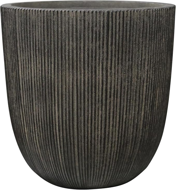 Vintage Black Faux Cement Ribbed Planter, 12.4"H Tall Tapered Egg-Shaped Plastic Plant Pot with Drainage Hole & Plug, Large Modern Indoor Outdoor Flower Pot for Home, Garden, Patio and Houseplants